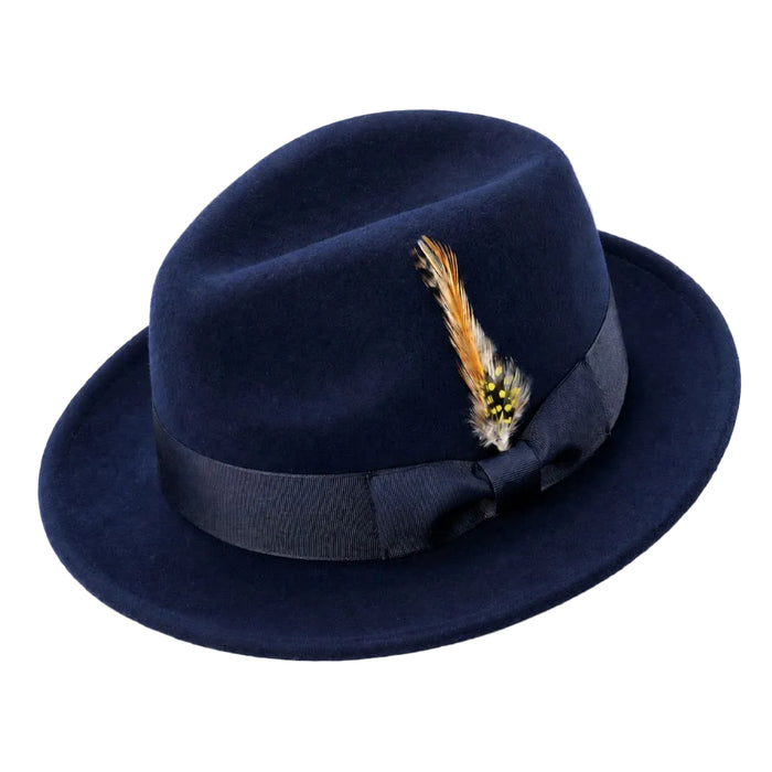 Navy men's crushable wool felt snap brim fedora