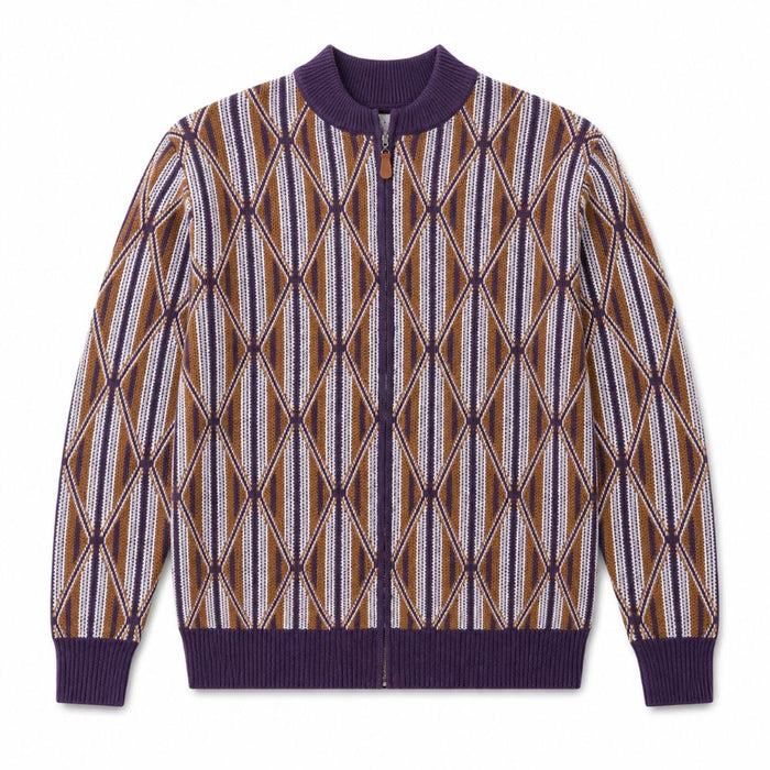 A long-sleeve knit zip-up sweater with a geometric diamond pattern in brown, white, and purple, featuring solid purple ribbed collar, cuffs, and hem.
