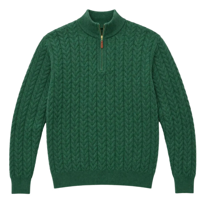 A dark green cable-knit quarter-zip sweater with a ribbed mock neck, cuffs, and hem, shown flat on a white background.