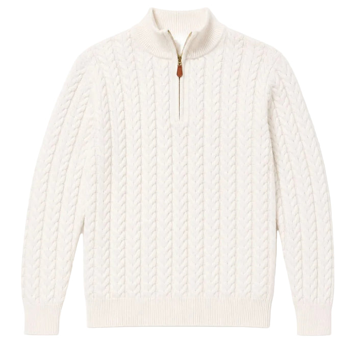 An off-white cable-knit quarter-zip sweater with a mock neck and a small brown leather pull tab, shown flat on a white background.