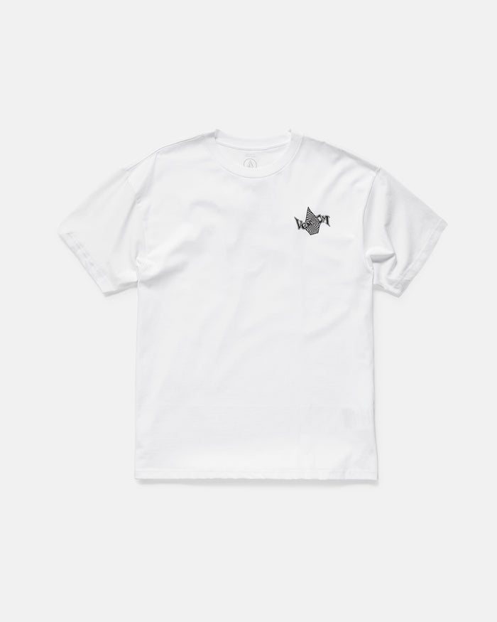 The Volcom Men's Sea Legs Short Sleeve Tee is a white organic cotton shirt featuring a small black origami crane on the left chest. This heavyweight tee is shown flat against a plain white background.