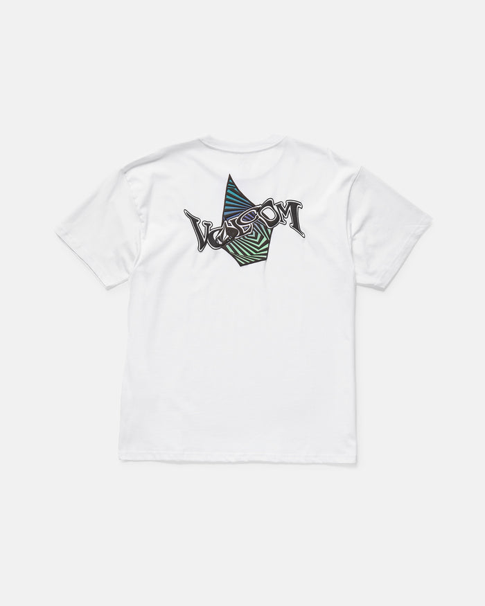 The Volcom Men's Sea Legs Short Sleeve Tee is a heavyweight organic cotton shirt with a bold green, blue, and black angular graphic and the word WAVY on the back.