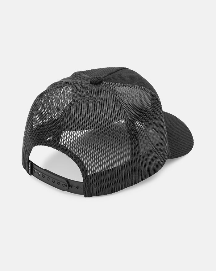 The Volcom Men's Shred Supply Trucker is a black five-panel cap with mesh back, snapback closure, and solid curved brim, displayed from the rear on a white background.