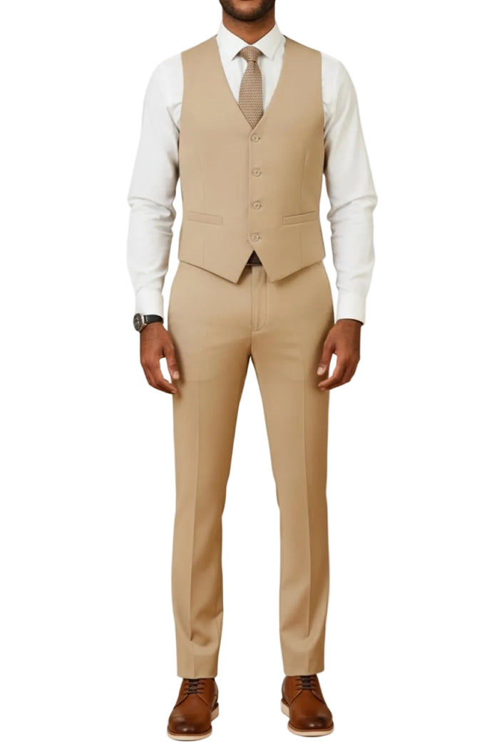 Man wearing a beige suit vest and pants with a white shirt and brown tie on a white background