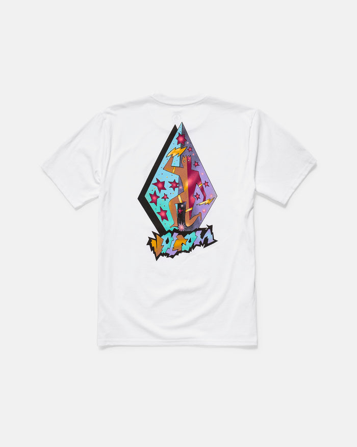 The Volcom Men's Star Shields Featured Artist Exp Short Sleeve Tee is a white 100% cotton shirt with a colorful back graphic—a stylized diamond with stars and abstract shapes—and graffiti-style "Star Shields" text below the design.