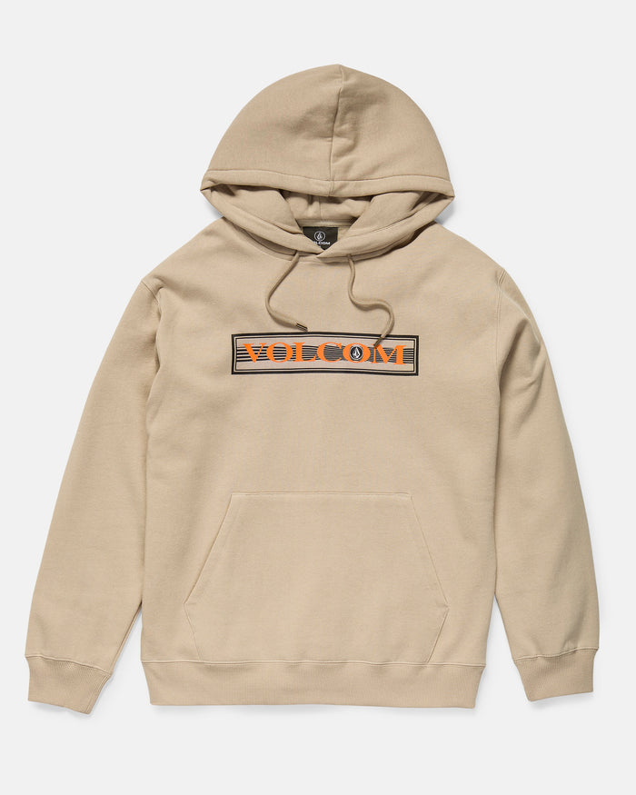 The Men's Stone Coast Pullover by Volcom is a beige hooded sweatshirt made with brushed fleece and REPREVE recycled polyester, featuring a front pouch pocket and orange-and-black branding on the chest, shown on a white background.