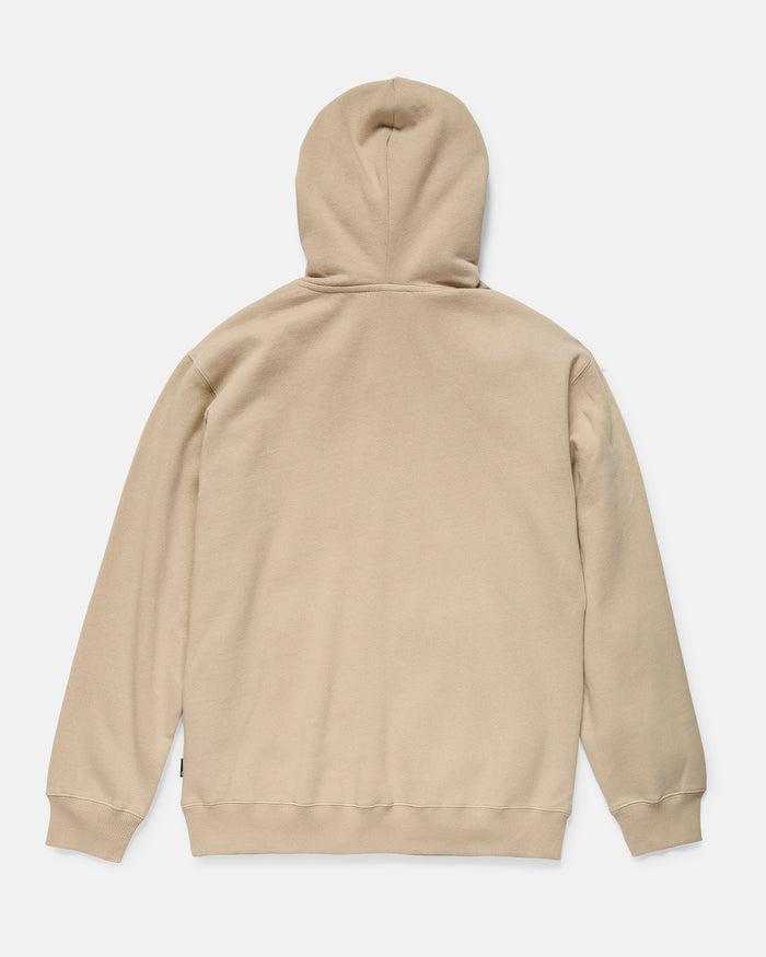 The Volcom Men's Stone Coast Pullover, shown flat from the back, features soft brushed fleece with ribbed cuffs and hem, made of REPREVE recycled polyester, displayed on a plain white background.