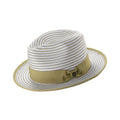 Olive and white striped braided fedora with solid ribbon