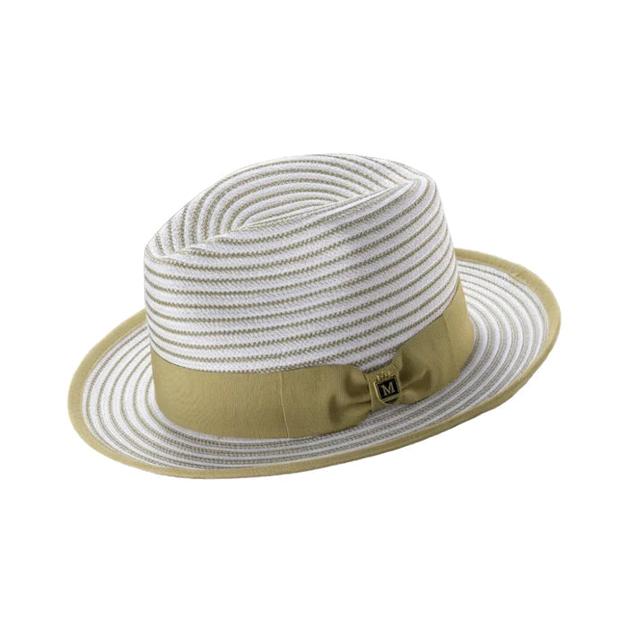 Olive and white striped braided fedora with solid ribbon