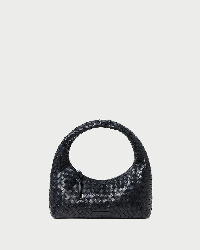 Mercer Black Woven Shoulder Bag in black woven leather.