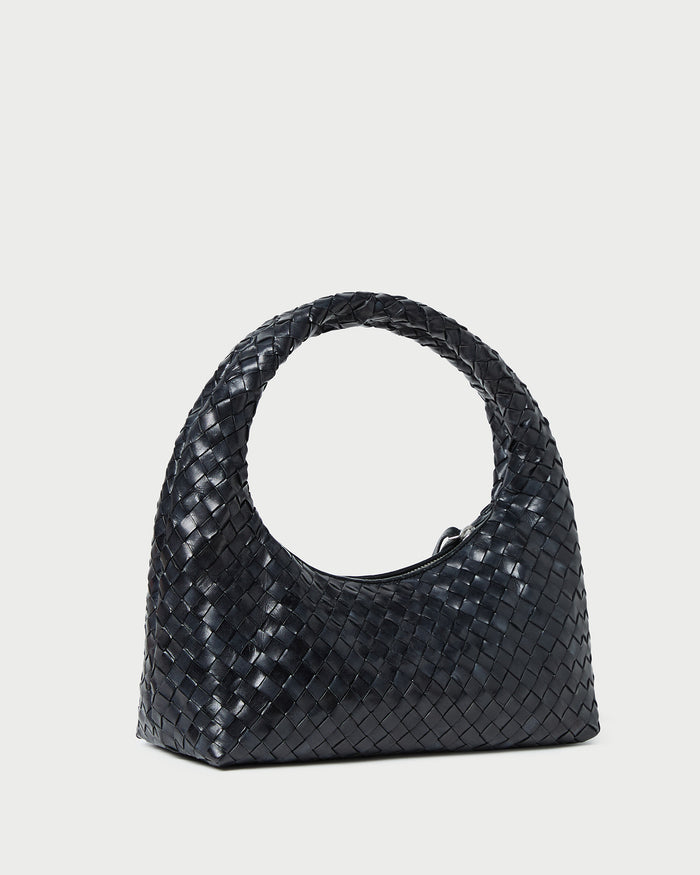Mercer Black Woven Shoulder Bag in black woven leather.