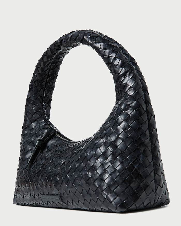 Mercer Black Woven Shoulder Bag in black woven leather.