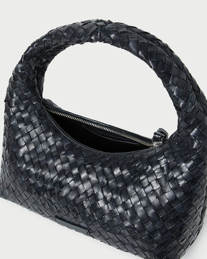 Mercer Black Woven Shoulder Bag in black woven leather.