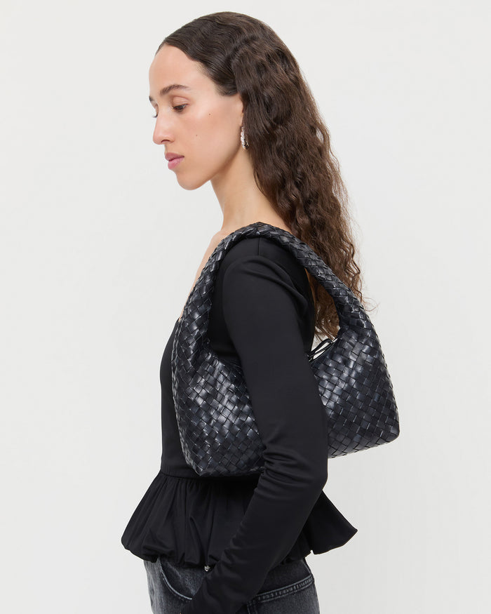 Mercer Black Woven Shoulder Bag in black woven leather.