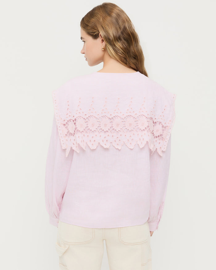 Merritt Top button-down shirt in pale pink cotton and Molly Workwear Pant in natural denim.