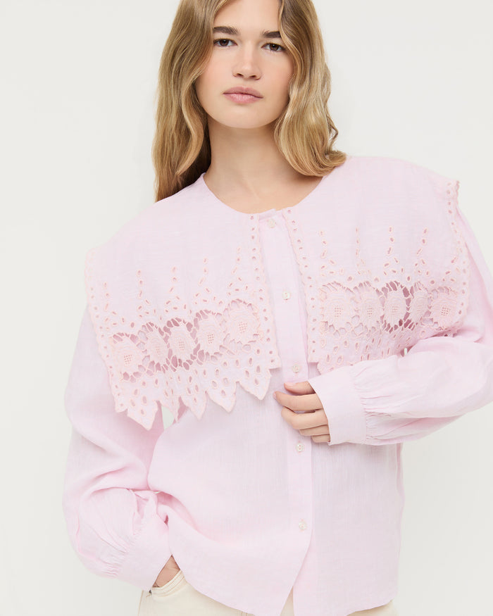 Merritt Top button-down shirt in pale pink cotton.