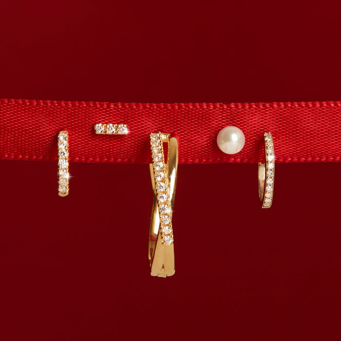 Flatlay Model. A close-up flatlay shot of five different earrings on a red background