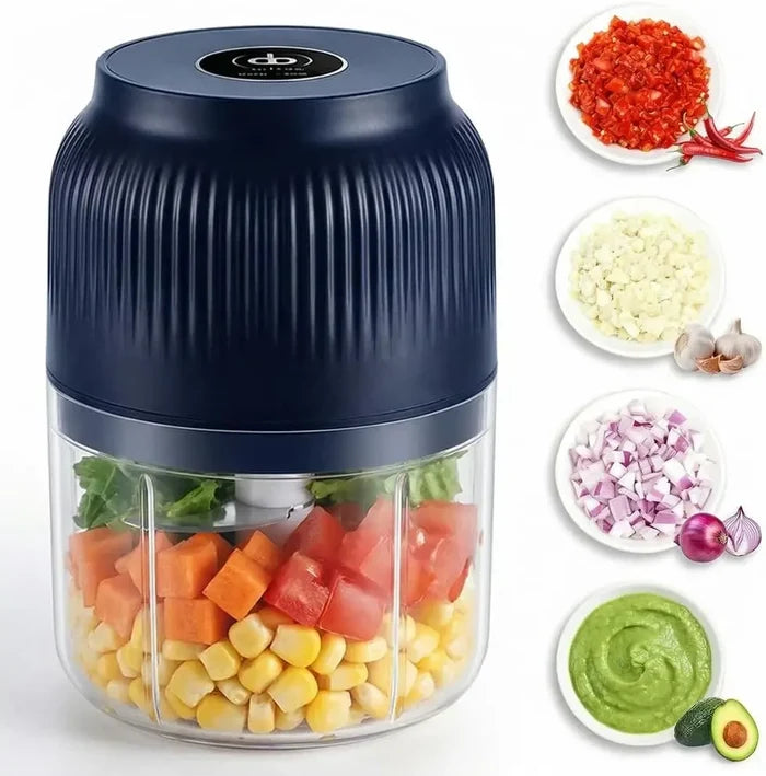 Navy blue hand blender with ingredients inside, surrounded by smaller images of chopped vegetables and a green puree.
