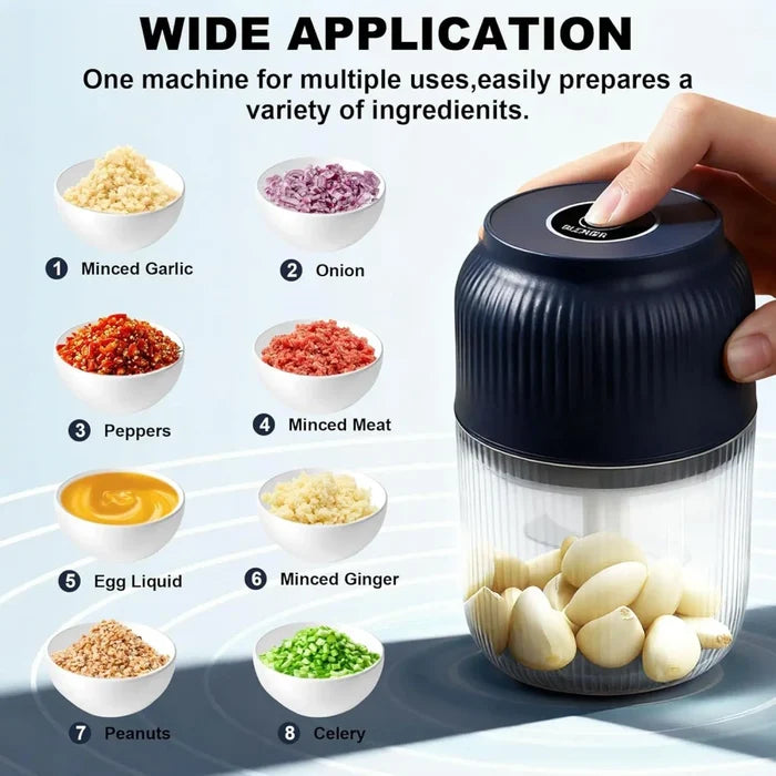 Handheld food chopper with minced garlic and various ingredients on a gray background