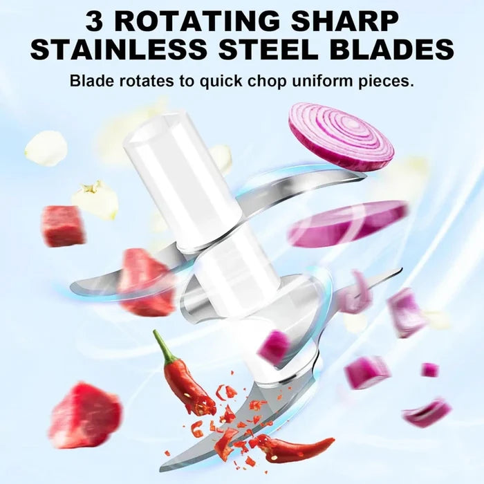 Spiralizer with rotating sharp stainless steel blades on a blue background