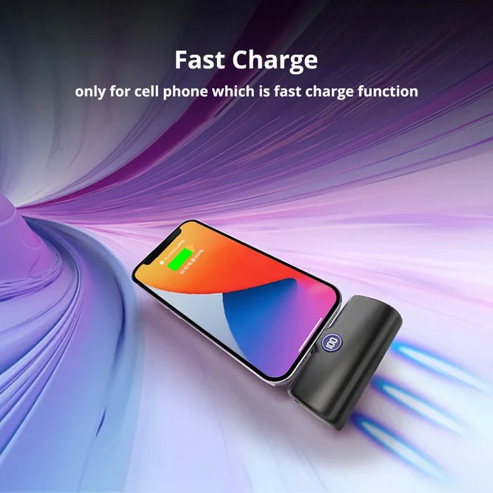 A black cylindrical phone charger clipped onto a smartphone, shown with promotional text reading 'Fast Charge' over a purple and blue abstract background.