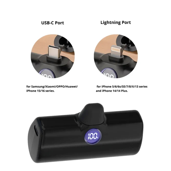 Black adapter with USB-C and Lightning ports on a white background
