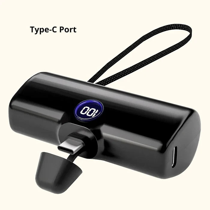 Black portable charger with Type-C port on a white background
