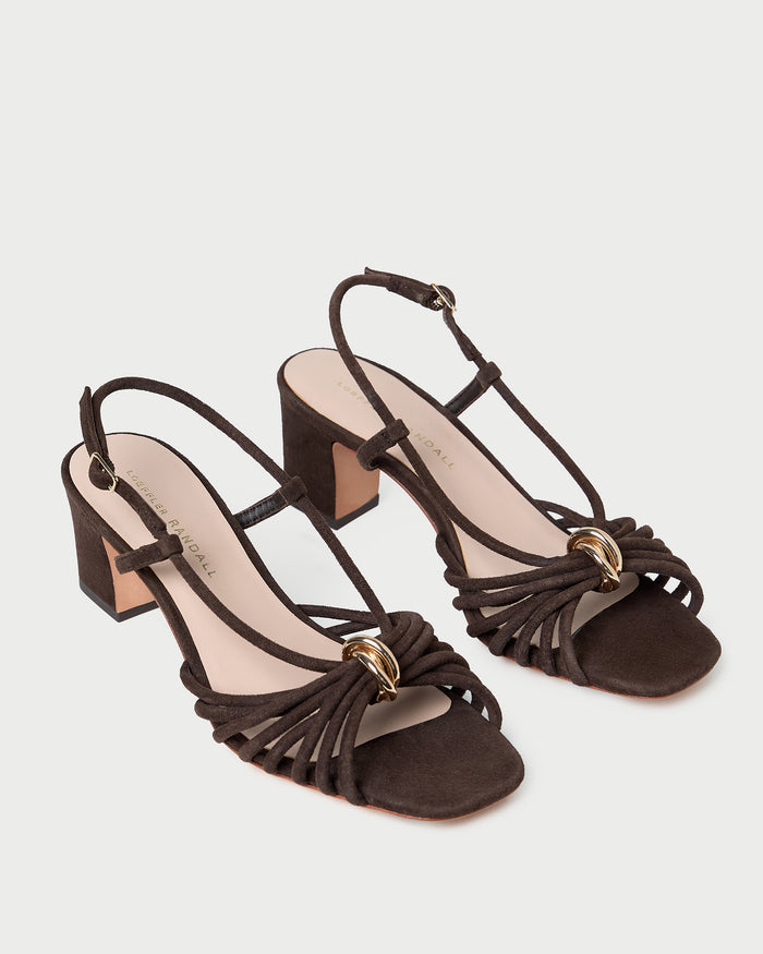 Minna Brown Suede Heeled Sandal in brown suede with a gold hardware accent.