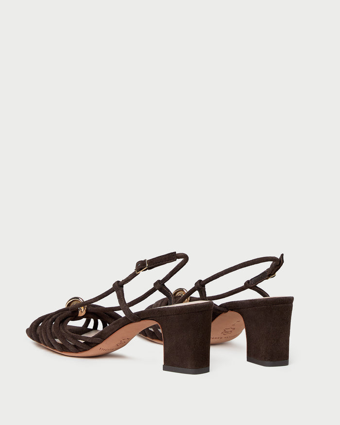 Minna Brown Suede Heeled Sandal in brown suede with a gold hardware accent.