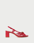 Minna Red Leather Heeled Sandal in red leather with a gold hardware accent.