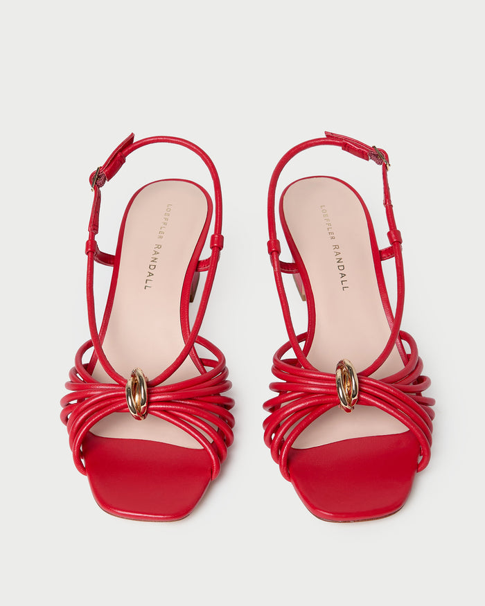 Minna Red Leather Heeled Sandal in red leather with a gold hardware accent.