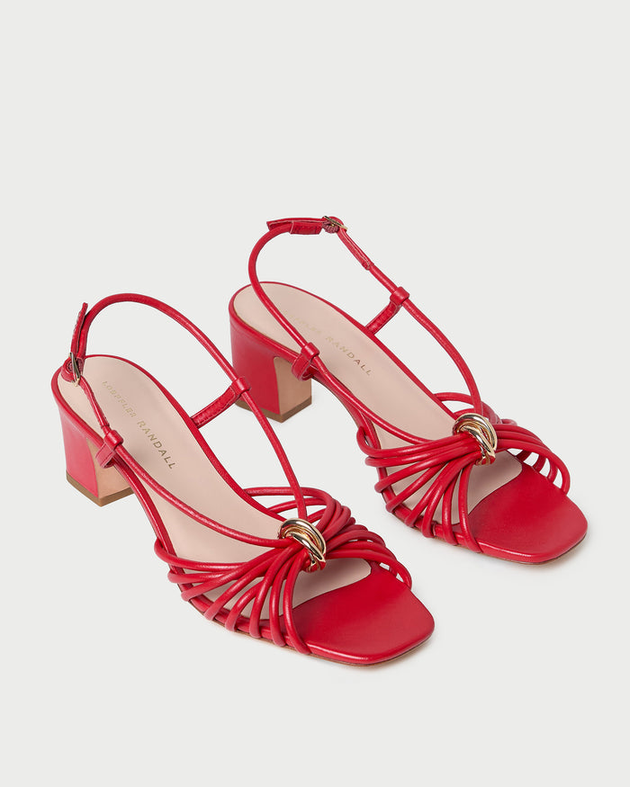 Minna Red Leather Heeled Sandal in red leather with a gold hardware accent.