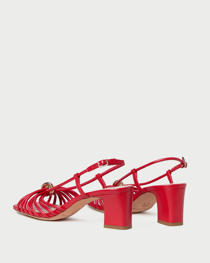 Minna Red Leather Heeled Sandal in red leather with a gold hardware accent.