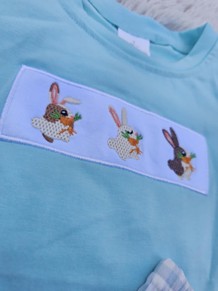 Mint Gingham Emb. Bunny Set