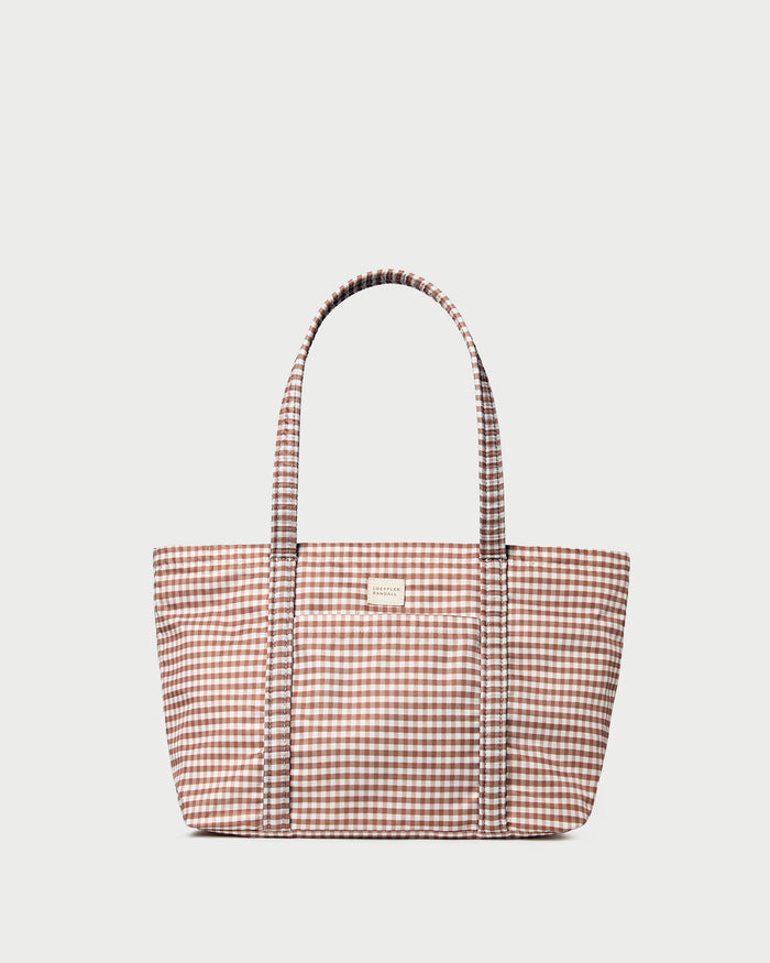 Mira Brown Gingham Everyday Tote Bag in water-resistant nylon.
