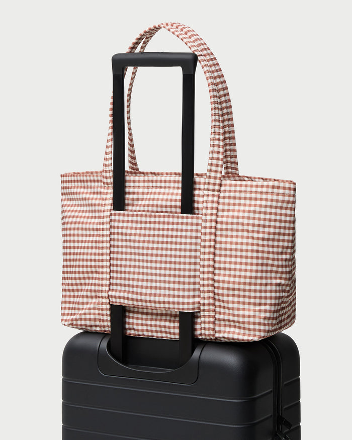 Mira Brown Gingham Everyday Tote Bag in water-resistant nylon.