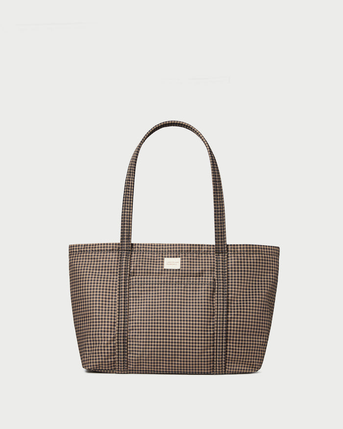 Mira Brown/Black Check Everyday Tote in brown and black check water resistant nylon.