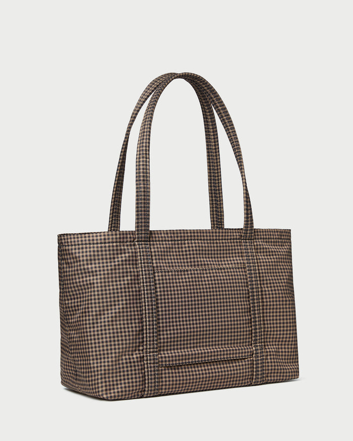 Mira Brown/Black Check Everyday Tote in brown and black check water resistant nylon.