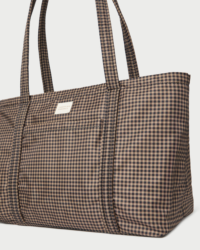 Mira Brown/Black Check Everyday Tote in brown and black check water resistant nylon.