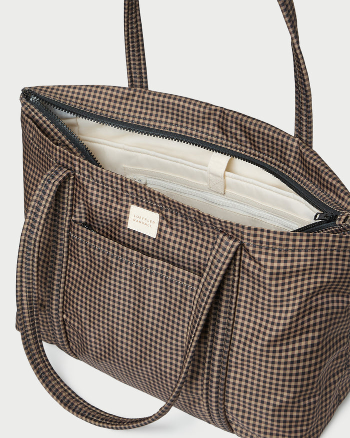 Mira Brown/Black Check Everyday Tote in brown and black check water resistant nylon.