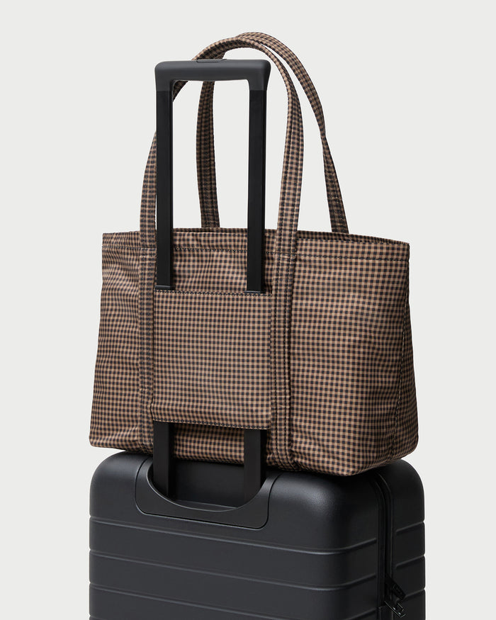 Mira Brown/Black Check Everyday Tote in brown and black check water resistant nylon.