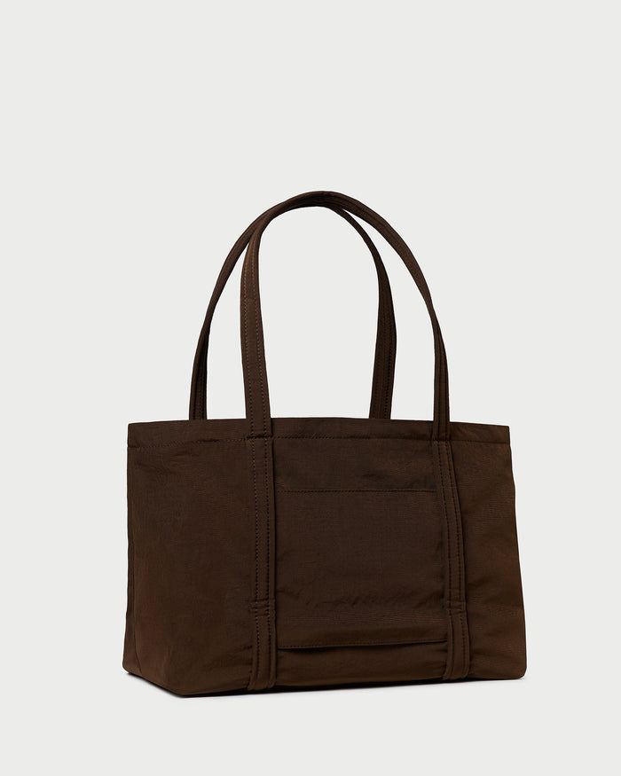 Mira Chocolate Everyday Tote in chocolate brown water-resistant nylon.