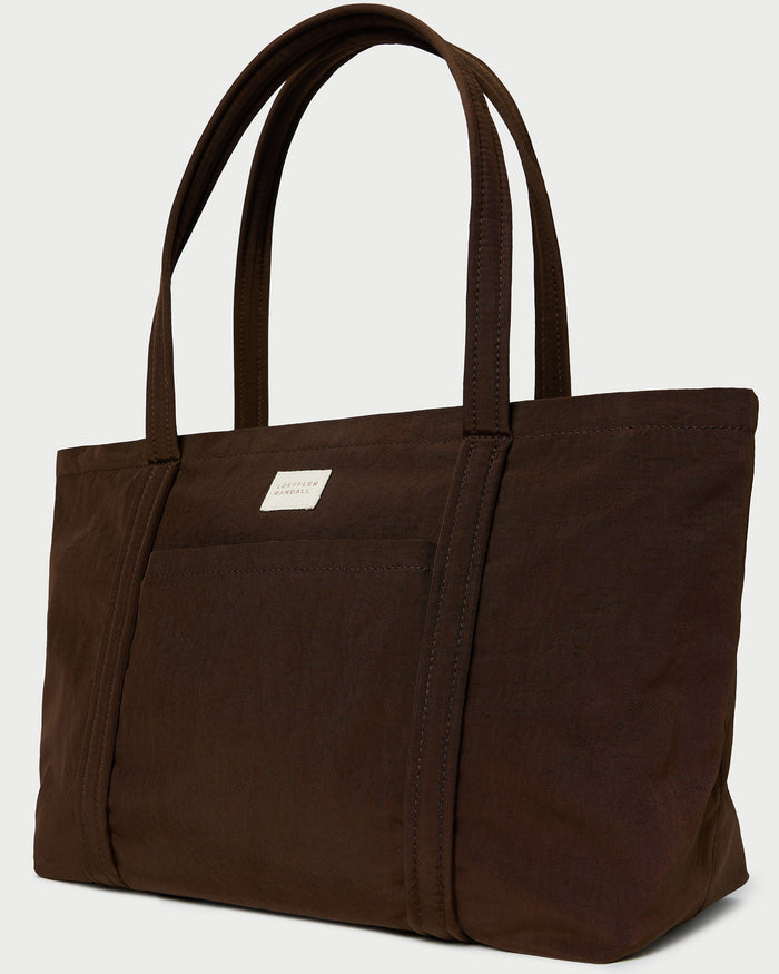 Mira Chocolate Everyday Tote in chocolate brown water-resistant nylon.