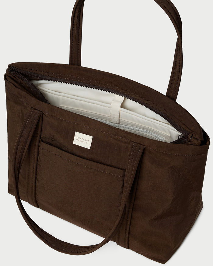 Mira Chocolate Everyday Tote in chocolate brown water-resistant nylon.