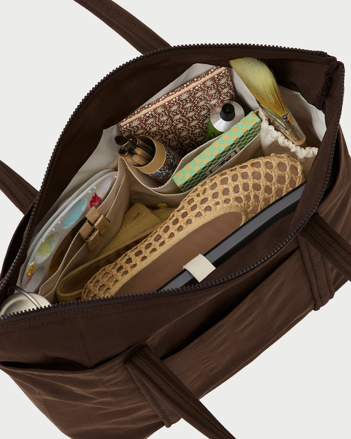 Mira Chocolate Everyday Tote in chocolate brown water-resistant nylon.