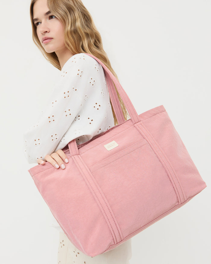 Mira Pink Everyday Tote in pink water-resistant nylon.