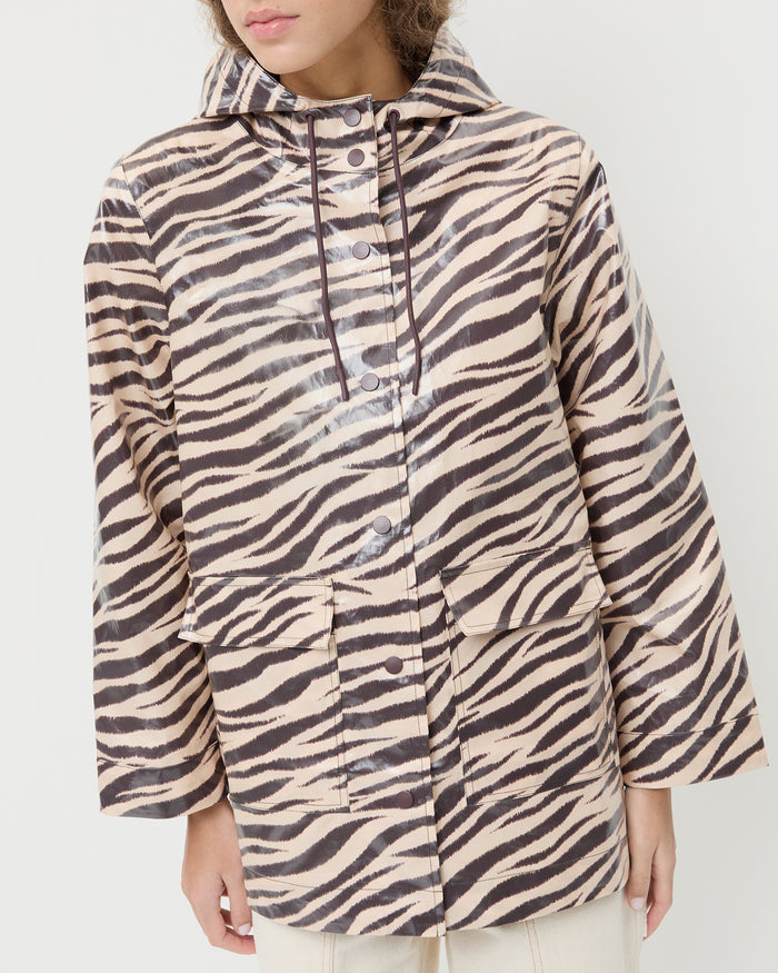 Misty Rain jacket in zebra printed coated cotton and Molly Workwear Jean in natural denim.