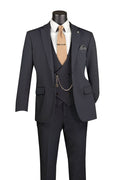 Charcoal black modern fit 3 piece men's suit with vest and adjustable waist pants
