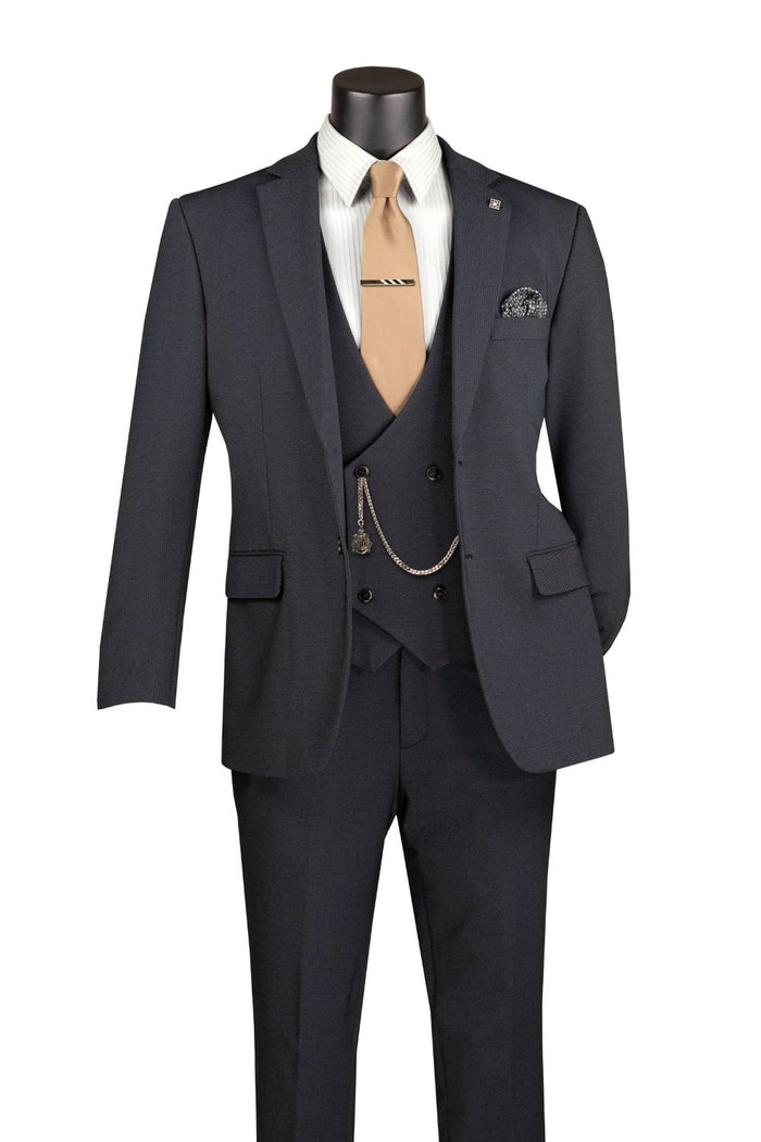Charcoal black modern fit 3 piece men's suit with vest and adjustable waist pants