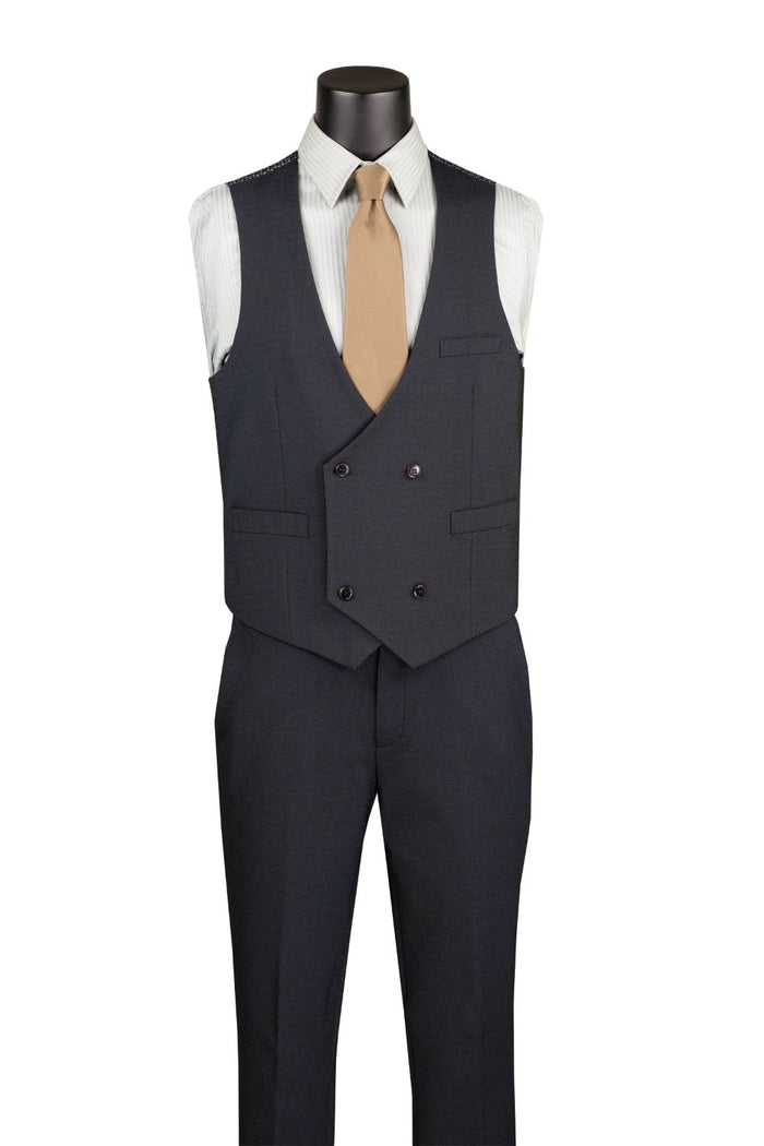 Vinci charcoal black modern fit suit pants and tie fabric close-up. Premium quality, adjustable waistband comfort.